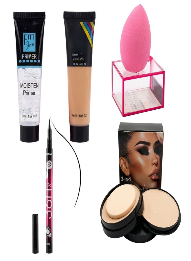 Professional 5-Piece Flawless Base Makeup Kit - Pore-Minimizing Gel Primer, Full Coverage Liquid Foundation, 2-in-1 Moisture Pressed Powder, Waterproof 36H Eyeliner Pen & Premium Beauty Blender with Storage Case - Image 1