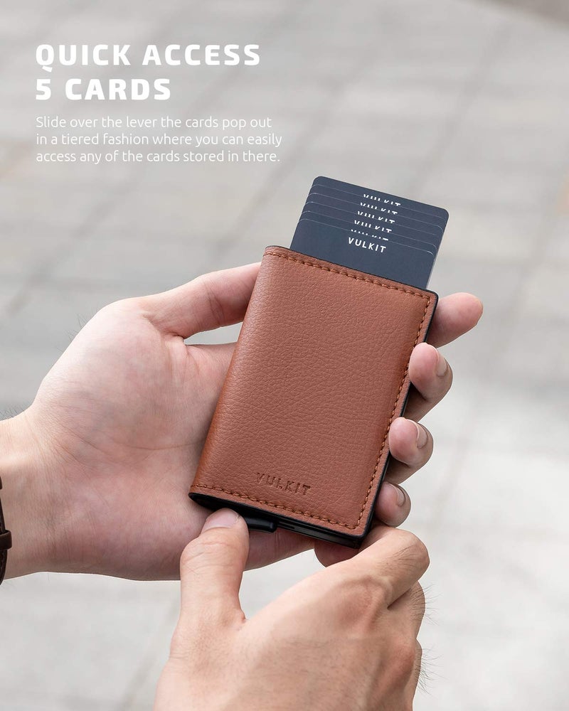VULKIT Credit Card Holder RFID Blocking Leather Automatic Pop Up Wallet Aluminum Slim Pocket Business Card Case Brown - Image 2