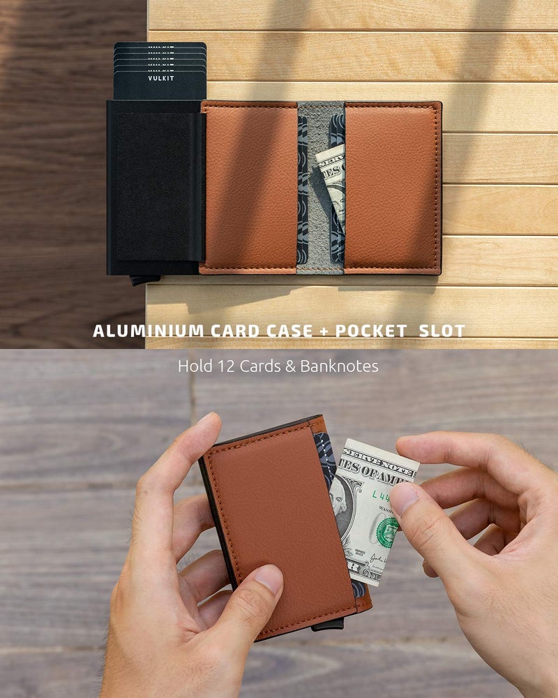 VULKIT Credit Card Holder RFID Blocking Leather Automatic Pop Up Wallet Aluminum Slim Pocket Business Card Case Brown - Image 4