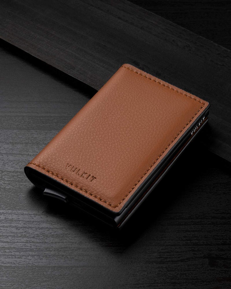 VULKIT Credit Card Holder RFID Blocking Leather Automatic Pop Up Wallet Aluminum Slim Pocket Business Card Case Brown - Image 5