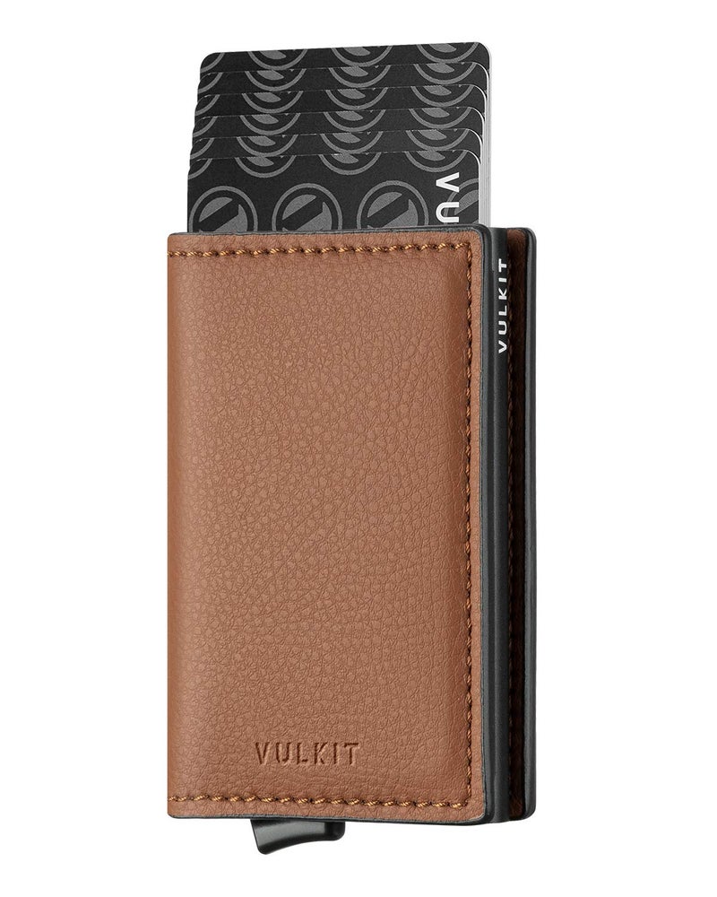 VULKIT Credit Card Holder RFID Blocking Leather Automatic Pop Up Wallet Aluminum Slim Pocket Business Card Case Brown - Image 1