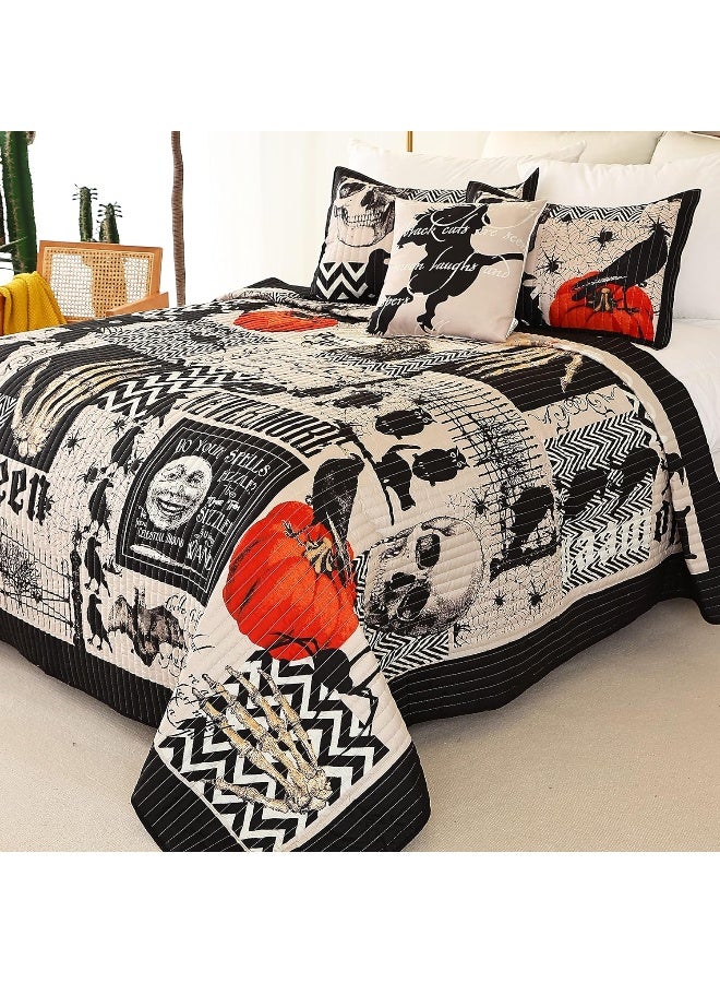 Cmfshape Halloween Bedspread, Black Quilt Set King Size, Pumpkin Ghost Festival Themed Bedding Set, Decorative Quilted 4 Piece Coverlet Set with 3 Pillow Shams  - Image 2