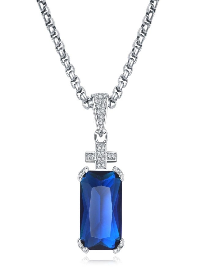 يامي قلادة يامي للرجال، قلادة صليب مع سلسلة من الفولاذ المقاوم للصدأ بطول 24 بوصة، حجر ياقوت أزرق بقطع الزمرد من الزركونيا المكعبة عيار 17.5 قيراط، هدية مجوهرات للحبيب/الزوج - Image 1