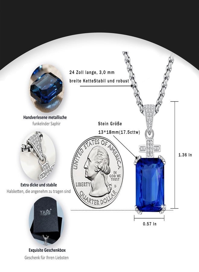 يامي قلادة يامي للرجال، قلادة صليب مع سلسلة من الفولاذ المقاوم للصدأ بطول 24 بوصة، حجر ياقوت أزرق بقطع الزمرد من الزركونيا المكعبة عيار 17.5 قيراط، هدية مجوهرات للحبيب/الزوج - Image 2
