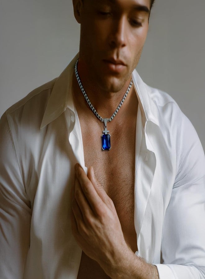 يامي قلادة يامي للرجال، قلادة صليب مع سلسلة من الفولاذ المقاوم للصدأ بطول 24 بوصة، حجر ياقوت أزرق بقطع الزمرد من الزركونيا المكعبة عيار 17.5 قيراط، هدية مجوهرات للحبيب/الزوج - Image 5