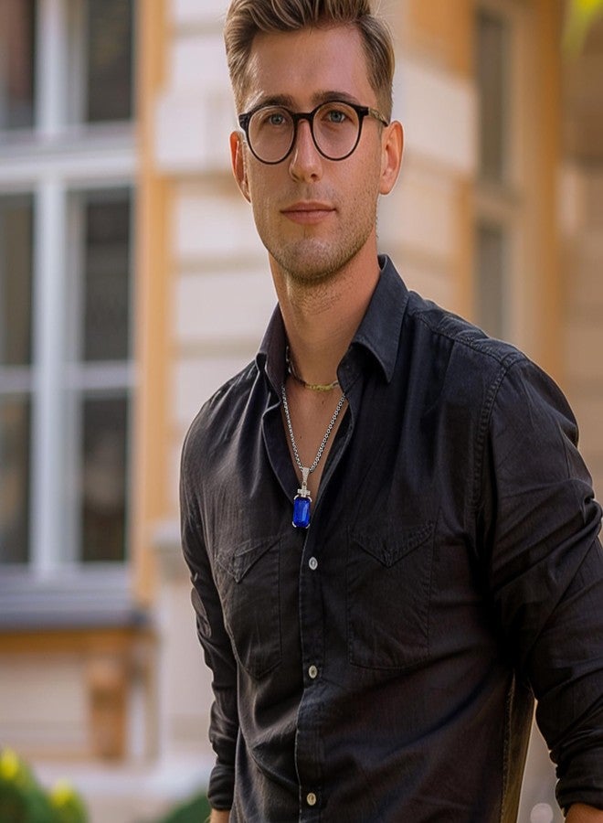 يامي قلادة يامي للرجال، قلادة صليب مع سلسلة من الفولاذ المقاوم للصدأ بطول 24 بوصة، حجر ياقوت أزرق بقطع الزمرد من الزركونيا المكعبة عيار 17.5 قيراط، هدية مجوهرات للحبيب/الزوج - Image 3