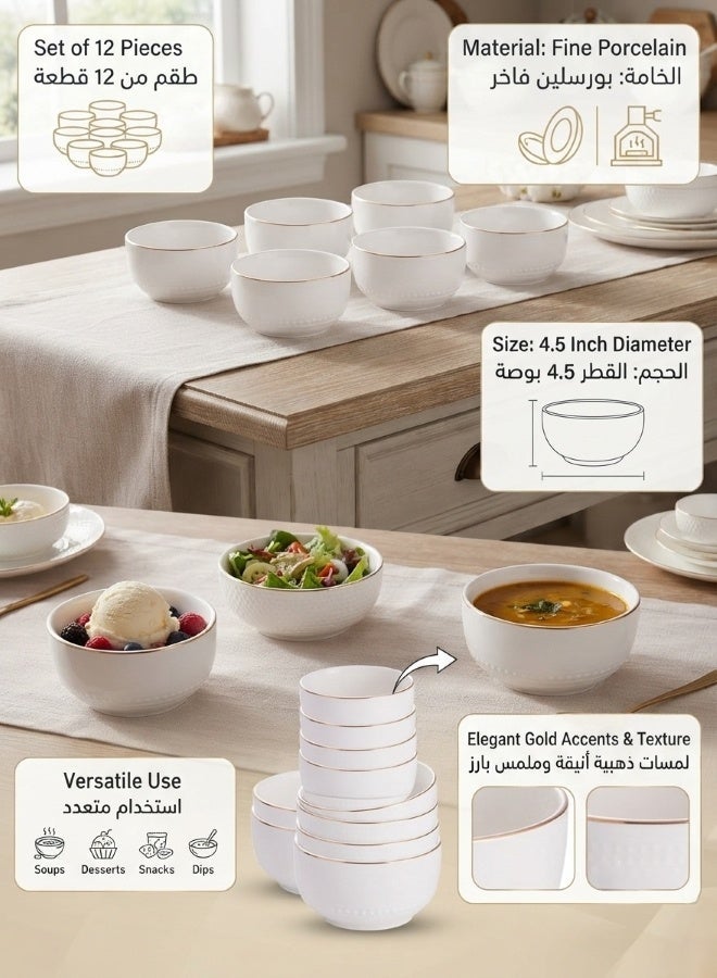 12 Piece Porcelain Bowl Set 4.5 Inch White Ceramic Serving Bowls Gold Rim Dessert Soup Rice Snack Bowl Set - Image 1