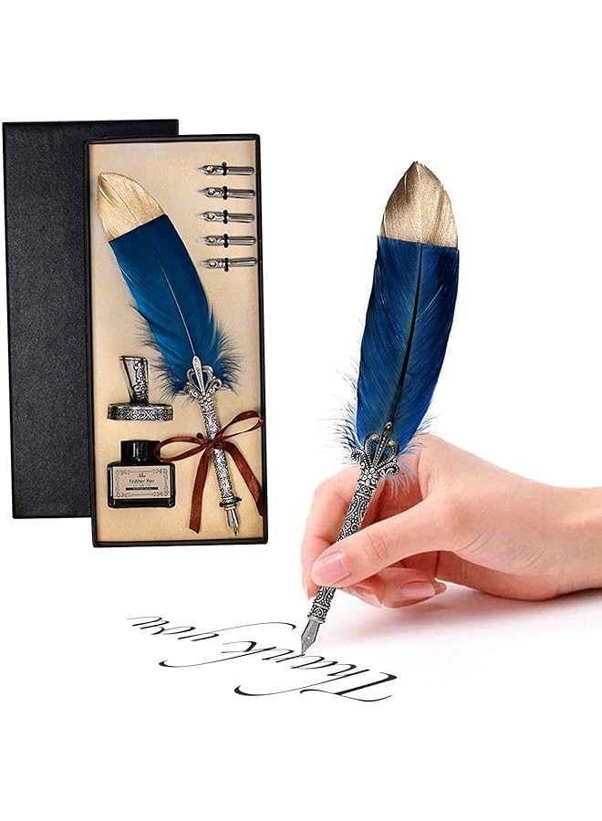 erorex Quill Feather Pen Antique Dip Quill Pen Calligraphy Writing Ink Pen With Ink Handmade Quill Feather Pen Set 6 Replacement Nibs Contains Ink Ideal For Beginners And Adults Navy Blue - Image 1