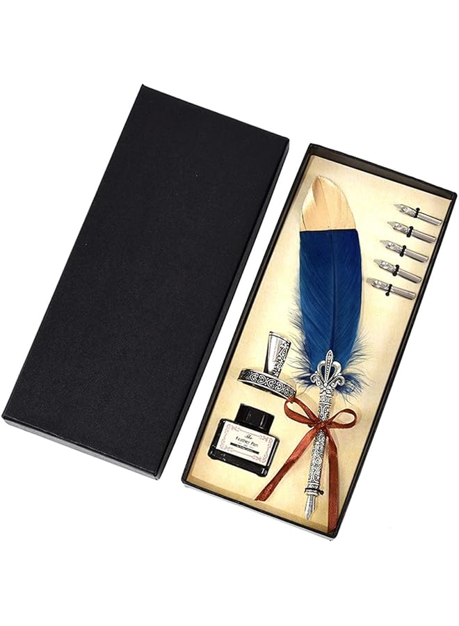 erorex Quill Feather Pen Antique Dip Quill Pen Calligraphy Writing Ink Pen With Ink Handmade Quill Feather Pen Set 6 Replacement Nibs Contains Ink Ideal For Beginners And Adults Navy Blue - Image 2