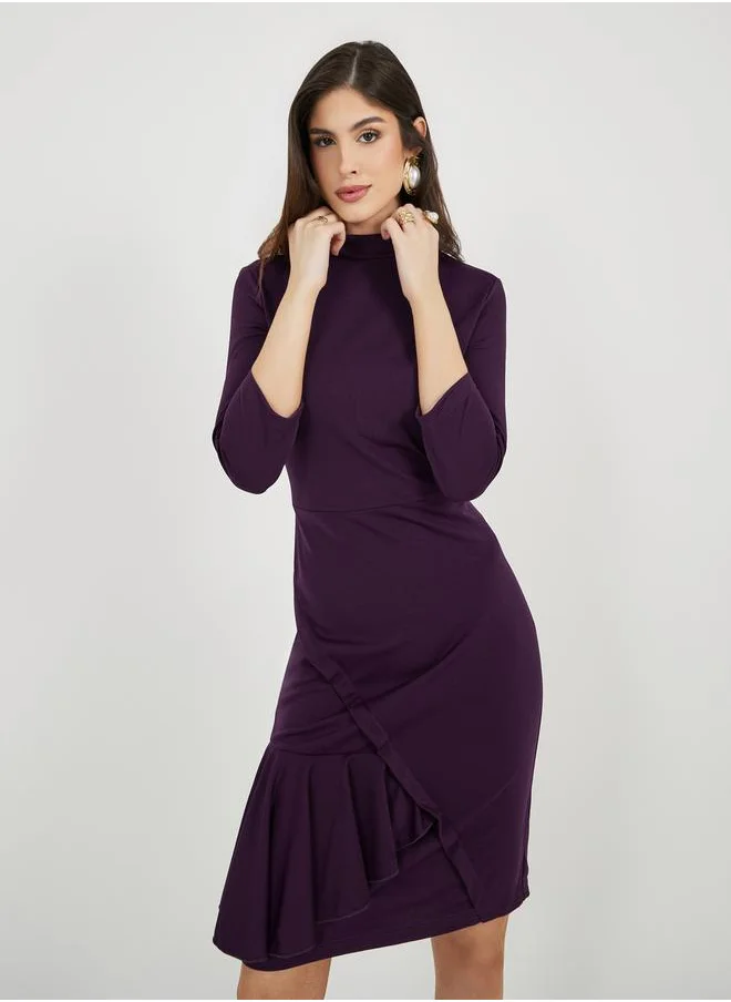 Styli Ruffle Detail Sheath Knee-Length Dress with 3/4th Sleeves