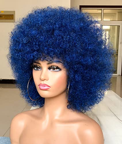 HIHOO Short Afro Wig with Bangs for Black Women Afro Kinky Curly Wig 70s Premium Synthetic Big Afro Wigs(Blue) - Image 3