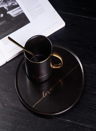 Tj Gobal Porcelain Coffee Mug, Tea Cup With Saucer And Golden Spoon With Gold Scripted Love And Trim For Coffee, Hot Chocolate, Cappuccino, And Latte, 8 Oz. (Black)