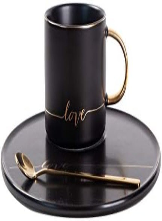 AKDC Tj Gobal Porcelain Coffee Mug, Tea Cup With Saucer And Golden Spoon With Gold Scripted Love And Trim For Coffee, Hot Chocolate, Cappuccino, And Latte, 8 Oz. (Black) - Image 2