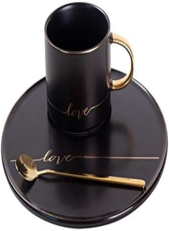 AKDC Tj Gobal Porcelain Coffee Mug, Tea Cup With Saucer And Golden Spoon With Gold Scripted Love And Trim For Coffee, Hot Chocolate, Cappuccino, And Latte, 8 Oz. (Black) - Image 3