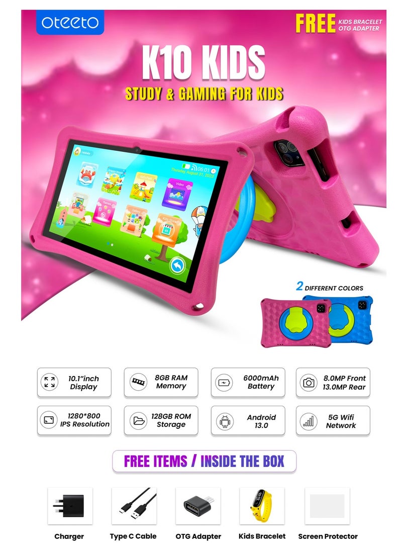 Oteeto - Oteeto K10 Kids Tablet | 10.1” Android 13 Learning Tablet with 8GB RAM 128GB ROM | Dual Camera | Kid-Proof Case | 6000mAh Battery | Free Kids Bracelet & OTG Adapter, Blue - Image 1