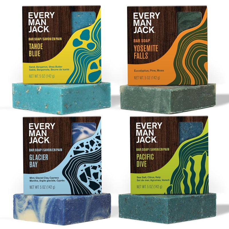 Every Man Jack Cold Plunge Mens Bar Soap Set Deeply Cleans Hydrates with Naturally Derived Ingredients Iconic Cold Water Scents Pacific Dive Glacier Bay Tahoe Blue Yosemite Falls 4 Bar Set - Image 1