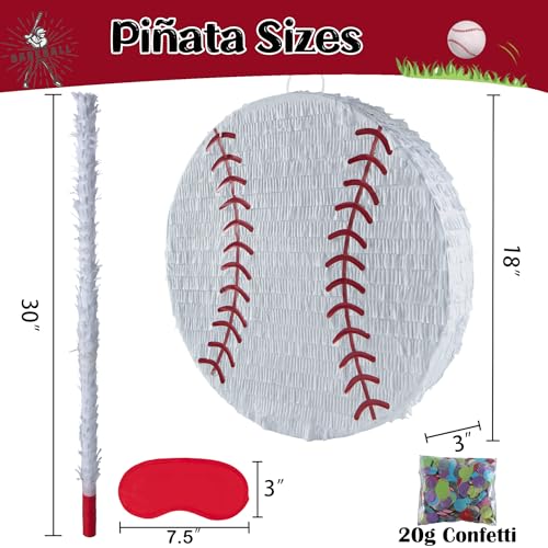PCFING 18 Inch Baseball Piata with 30 Inch Piata Stick Blindfold Confetti for Boys Girls Adults Birthday Party Game Decorations Anniversary Celebration Fiesta - Image 5