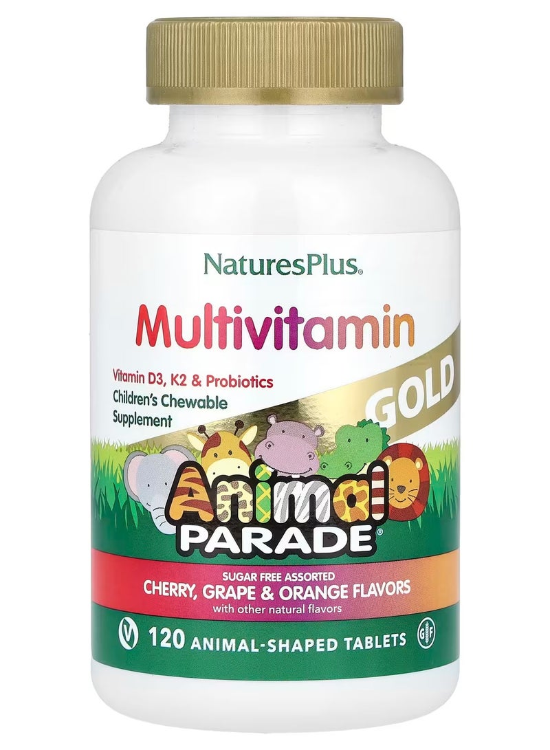 NaturesPlus Animal Parade Gold®, Children's Chewable Multivitamin Supplement, Cherry, Grape & Orange, 120 Animal-Shaped Tablets - Image 1