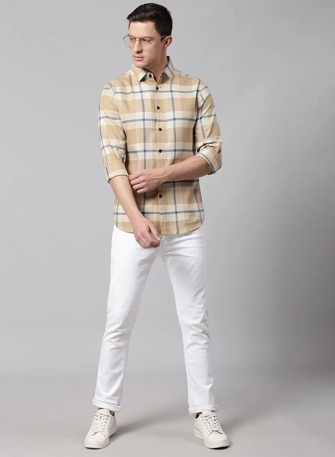 Dennis Lingo Slim Fit Khaki Men's Checkered Shirt, Spread Collar, Full Sleeves, 100% Cotton,