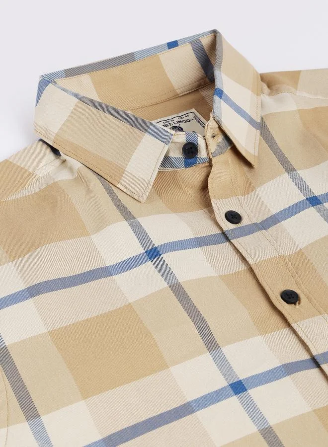 Dennis Lingo Slim Fit Khaki Men's Checkered Shirt, Spread Collar, Full Sleeves, 100% Cotton,