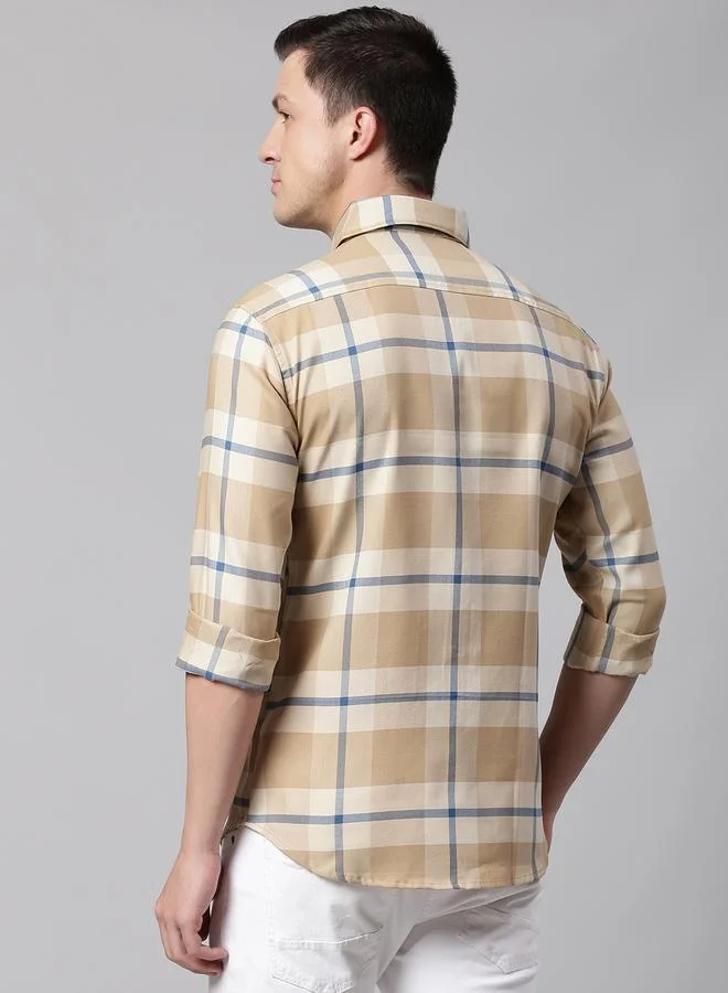 Dennis Lingo Slim Fit Khaki Men's Checkered Shirt, Spread Collar, Full Sleeves, 100% Cotton,