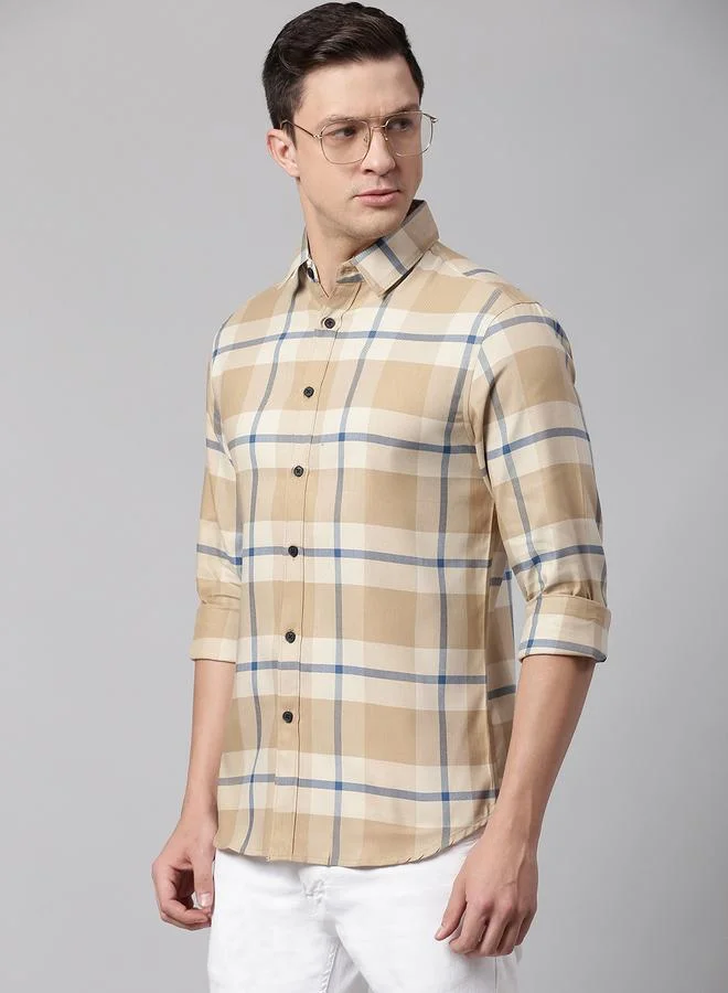 Dennis Lingo Slim Fit Khaki Men's Checkered Shirt, Spread Collar, Full Sleeves, 100% Cotton,