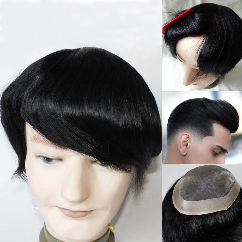 Wigs for Men Hairpiece Mono Lace with PU Reinforce Around 100 Human Hair Mens Toupee Lace Systems 8x10 Inch 1 Jet Black