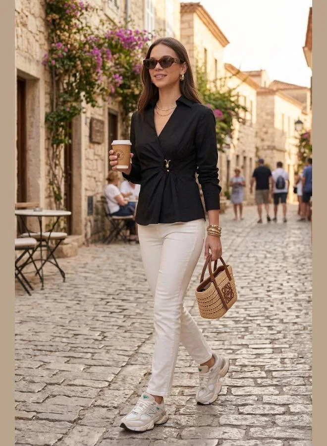 Lela Lela Cotton Slim Fit Long-Sleeve Shirt with Buckle Detail Women's SHIRT 6778317