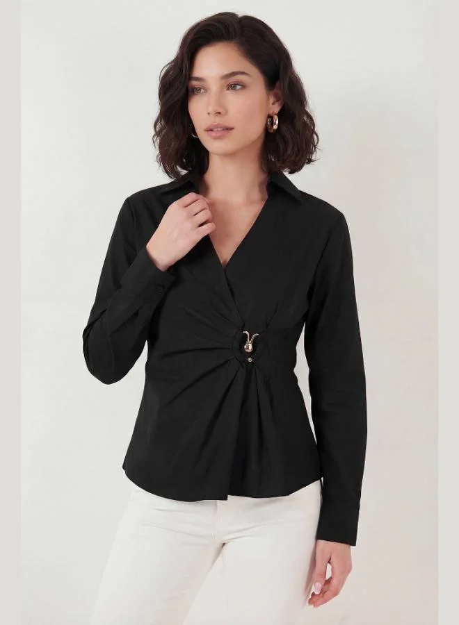 ليلا Lela Cotton Slim Fit Long-Sleeve Shirt with Buckle Detail Women's SHIRT 6778317