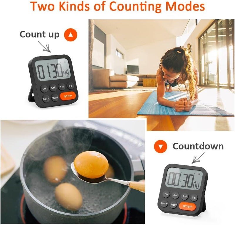 LIORQUE Digital Kitchen Timer Magnetic Stopwatch Timer with Clock, Magnet, 3-Level Volume, LCD Display for Cooking, Sports, Study, 2 AAA Batteries Included - Image 4