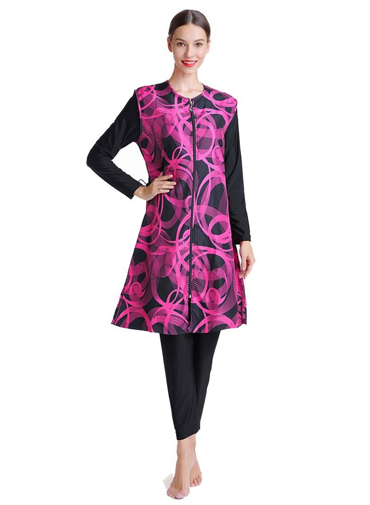 Loquat 3 Piece Digital Printed Swimsuit Conservative Loose Zipper Southeast Asian Swimsuit Red - Image 1