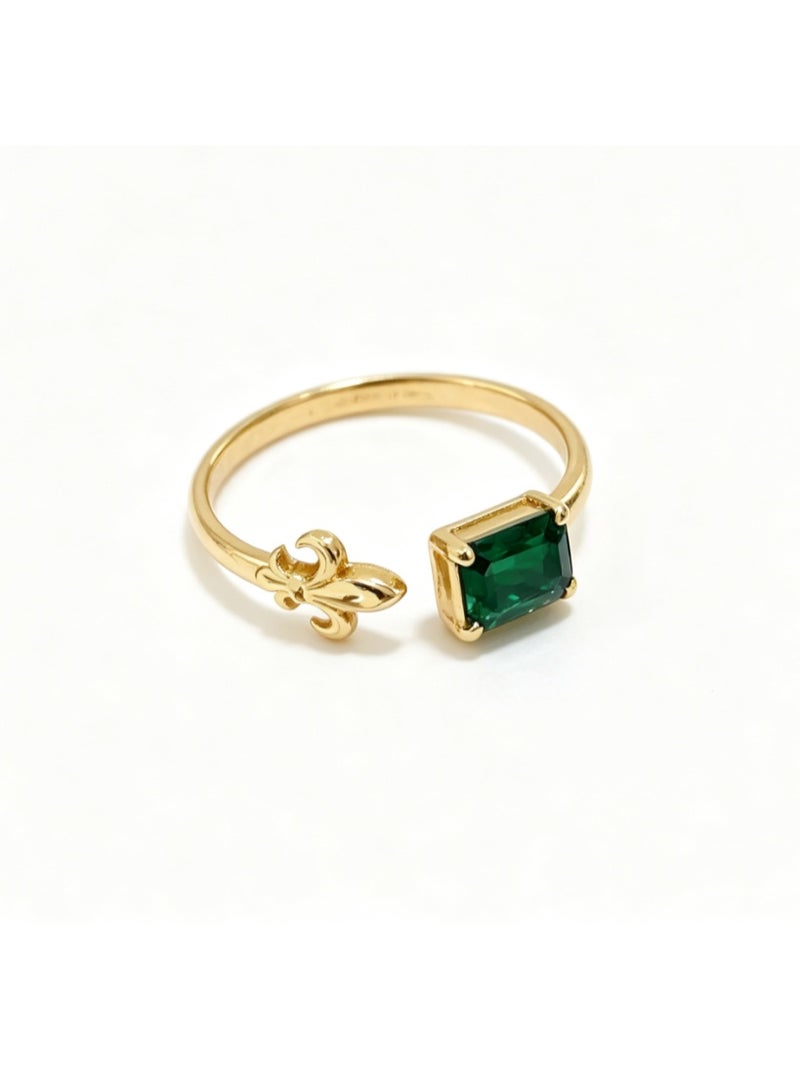 Gold Tone Adjustable Ring with Green Square Zircon, Vintage Asymmetric Design - Image 1