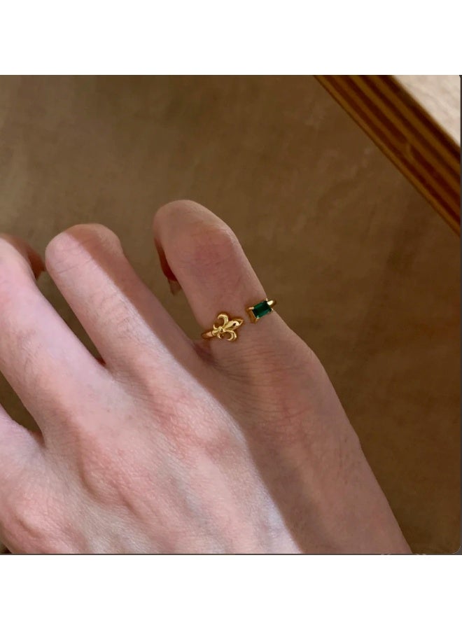 Gold Tone Adjustable Ring with Green Square Zircon, Vintage Asymmetric Design - Image 3