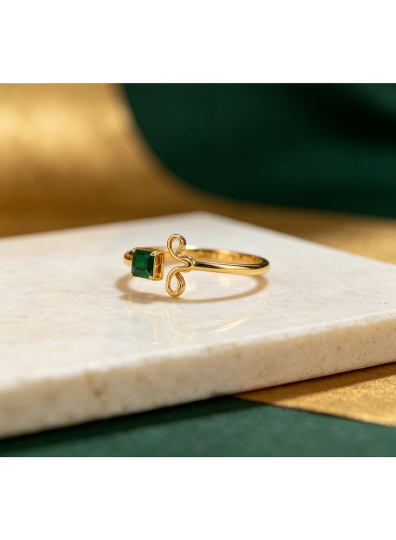 Gold Tone Adjustable Ring with Green Square Zircon, Vintage Asymmetric Design - Image 2
