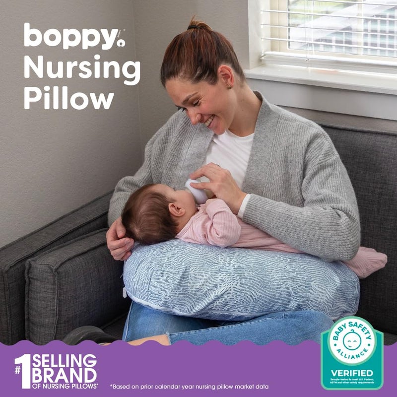 Boppy Nursing Pillow - Ergonomic Bottle & Breastfeeding Pillow with High, Firm, Large Area, Water-Repellent Cushion with Washable Cover; Baby Safety Alliance Verified - Blue Speckled Current - Image 2