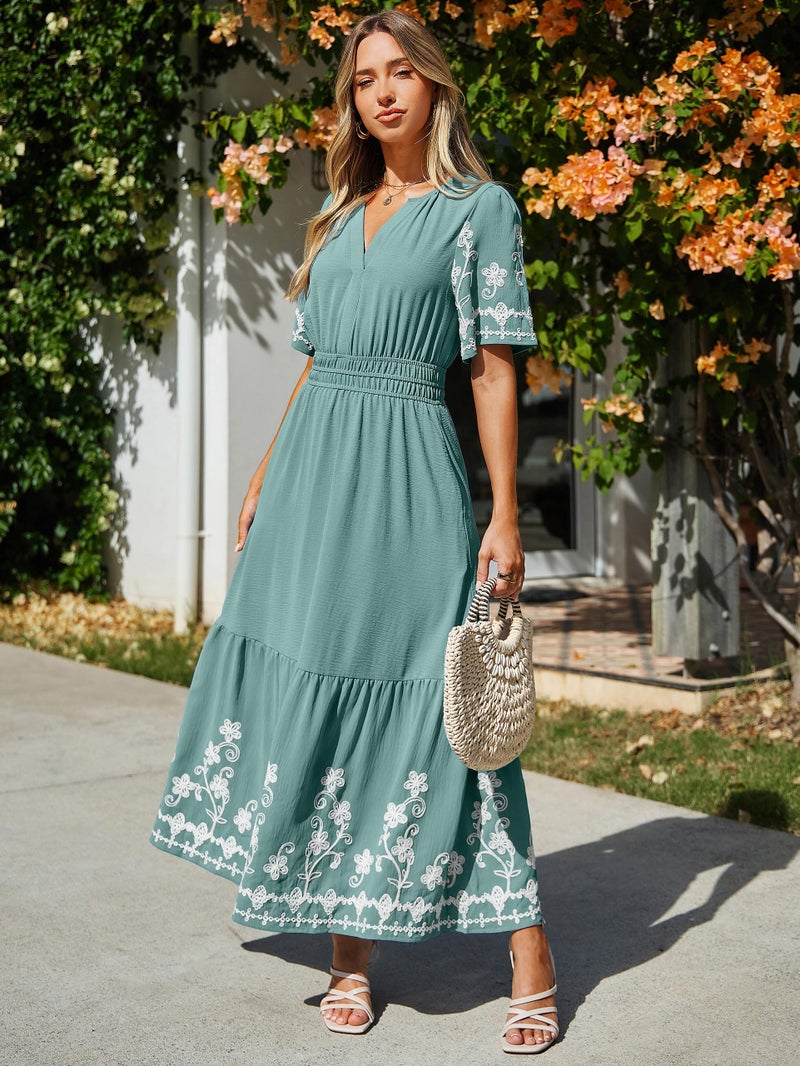 Simplee Women Summer Maxi Dress Formal Short Sleeve Embroidery Floral Boho Wedding Guest Tea Party V Neck Dresses 2026(Large,Sage Green) - Image 3