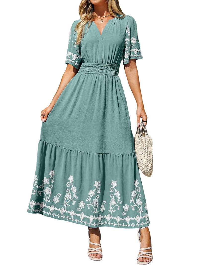 Simplee Women Summer Maxi Dress Formal Short Sleeve Embroidery Floral Boho Wedding Guest Tea Party V Neck Dresses 2026(Large,Sage Green) - Image 1