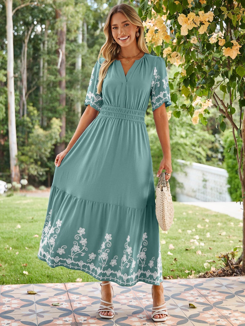 Simplee Women Summer Maxi Dress Formal Short Sleeve Embroidery Floral Boho Wedding Guest Tea Party V Neck Dresses 2026(Large,Sage Green) - Image 2