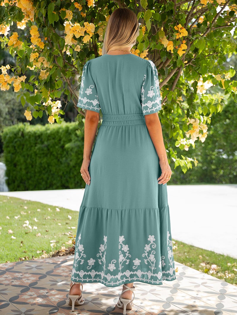 Simplee Women Summer Maxi Dress Formal Short Sleeve Embroidery Floral Boho Wedding Guest Tea Party V Neck Dresses 2026(Large,Sage Green) - Image 4