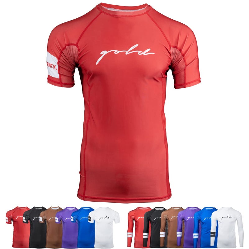 Gold BJJ Foundation Rash Guard Ranked NoGi and Gi Jiu Jitsu Rashguard Short Sleeve Red XS
