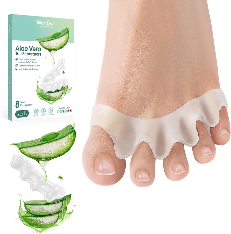 Welnove Toe Spacers 8 Pack Silicone Toe Spacers to Correct your Toes Aloe Vera Infused Toe Straighteners for Bunion Hammertoe Toe Stretchers for Yoga Practice Aloe Vera