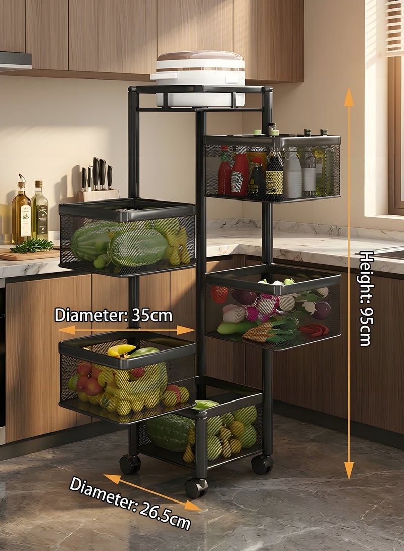 بيوينتي Multi Purpose Trolley Storage Organizer And kitchen accessories items for Kitchen Storage Rack Square Design Fruits & Vegetable Onion Cutlery (Matt Black, 5 Layer Drawer) - Image 2