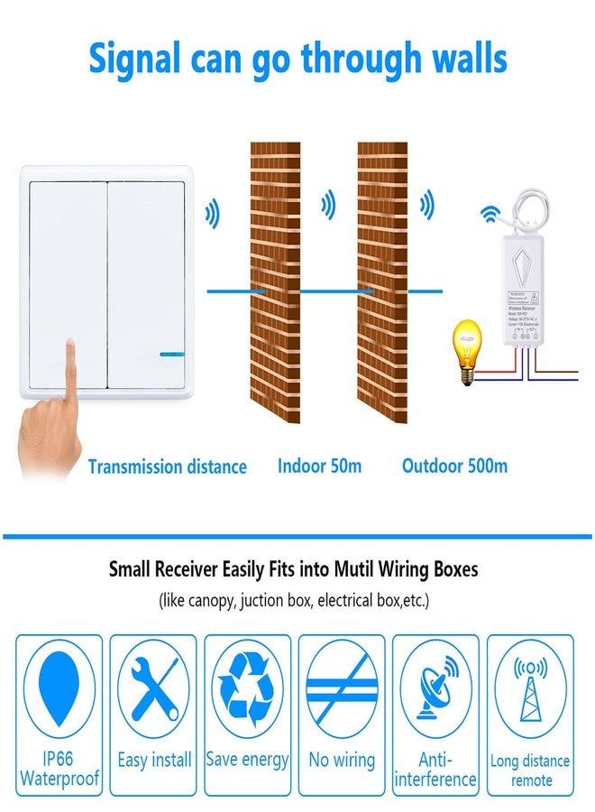 Thinkbee Wireless Light Switch and Receiver Kit, Outdoor 1969ft Indoor 130ft, No Wiring, No WiFi, Remote Control for Led Light Wireless Wall Switch, IP66 Waterproof (2 Gang and 2 Receivers Kit) - Image 3