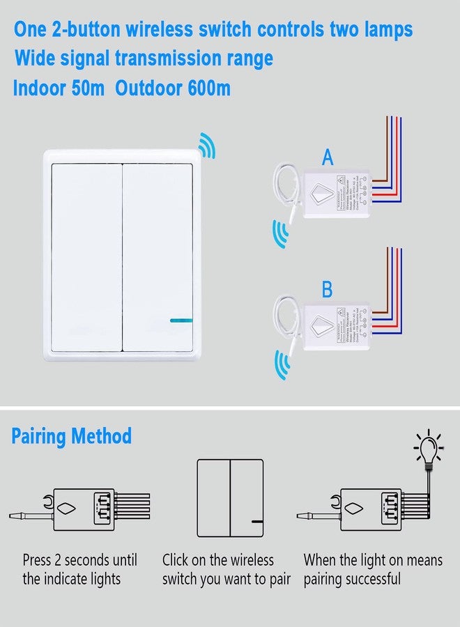 Thinkbee Wireless Light Switch and Receiver Kit, Outdoor 1969ft Indoor 130ft, No Wiring, No WiFi, Remote Control for Led Light Wireless Wall Switch, IP66 Waterproof (2 Gang and 2 Receivers Kit) - Image 4