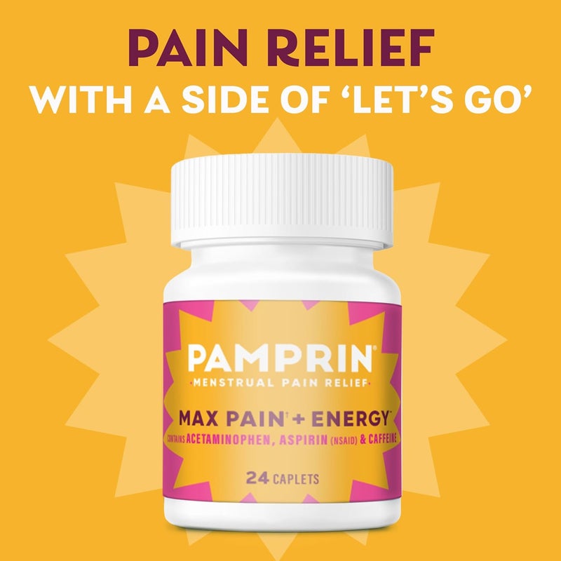 Pamprin Maximum Strength Max Pain and Energy Formula, Menstrual Period Symptoms Relief for Cramps, Bloating and Fatigue, 24 Caplets - Image 3