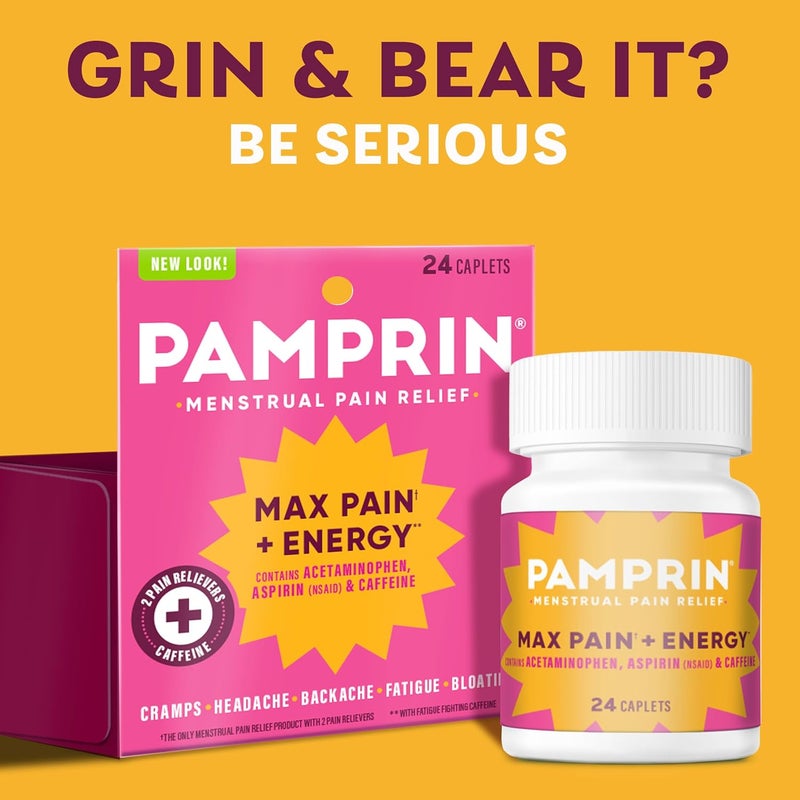 Pamprin Maximum Strength Max Pain and Energy Formula, Menstrual Period Symptoms Relief for Cramps, Bloating and Fatigue, 24 Caplets - Image 4