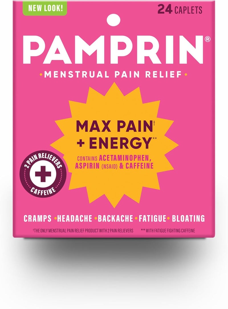 Pamprin Maximum Strength Max Pain and Energy Formula, Menstrual Period Symptoms Relief for Cramps, Bloating and Fatigue, 24 Caplets - Image 1