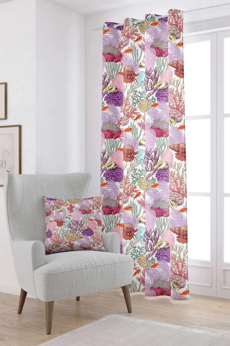 Cango Home White Multicolored Marine Patterned Digital Printed Curtain OTYK765-PR