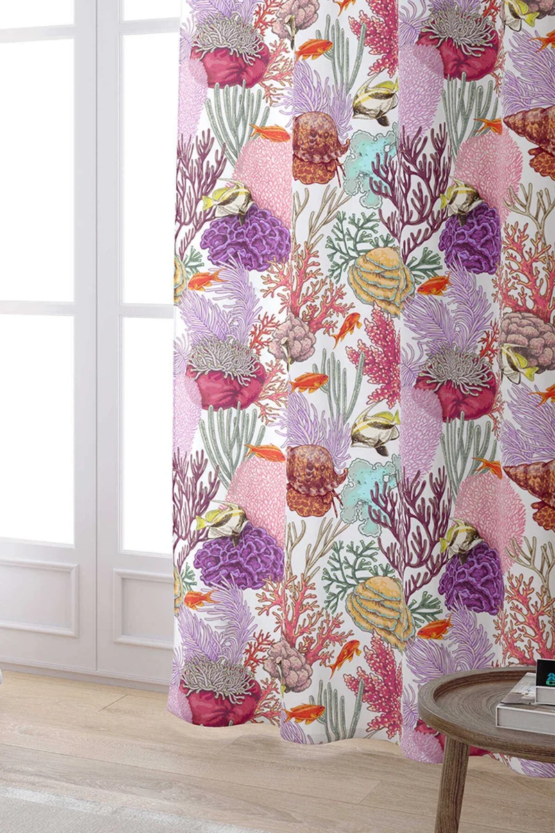 Cango Home White Multicolored Marine Patterned Digital Printed Curtain OTYK765-PR