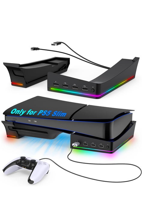 Horizontal Stand Holder for PS5 Slim Console, Non-Slip Base with 14 RGB Light Modes and 4-Port USB Ports for Playstation 5 Slim Disc & Digital Edition
